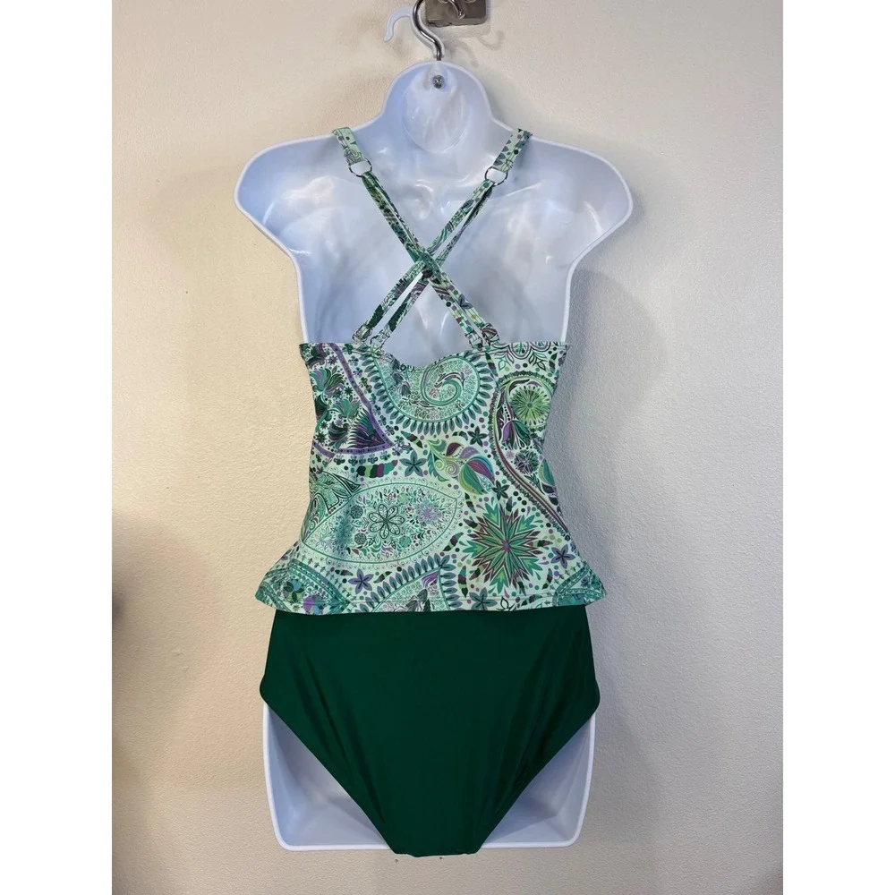 Cupshe Women Green Paisley V Neck Tankini Set High Waisted Swimsuit size L